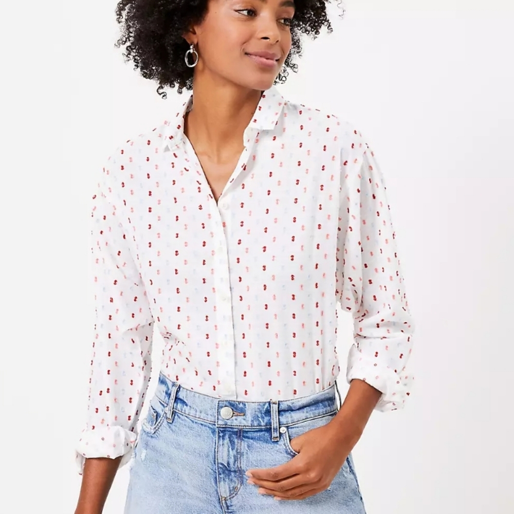 Loft ,NWT, White Clip Swiss Dot Button Front Relaxed Long Sleeve Blouse,LP